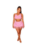 Summer Beachwear Women Knitted Crochet Tassel Skirt Set