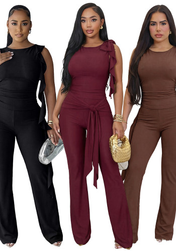 Women Solid Color Tight Fitting Top and Pants Set