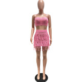 Summer Beachwear Women Knitted Crochet Tassel Skirt Set