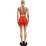 Summer Beachwear Women Knitted Crochet Tassel Skirt Set
