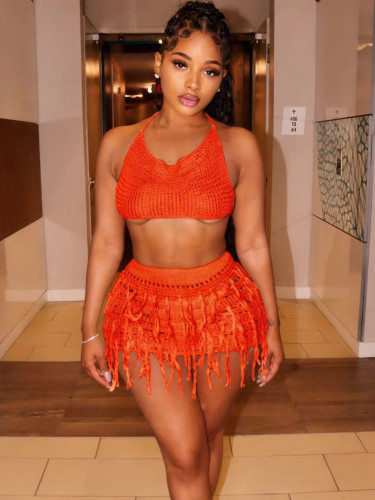 Summer Beachwear Women Knitted Crochet Tassel Skirt Set