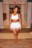Summer Beachwear Women Knitted Crochet Tassel Skirt Set