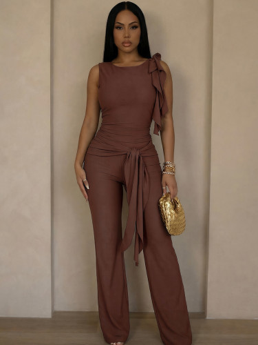 Women Solid Color Tight Fitting Top and Pants Set
