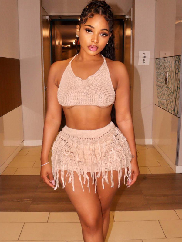 Summer Beachwear Women Knitted Crochet Tassel Skirt Set