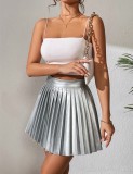 High-waisted pleated skirt nightclub leather skirt