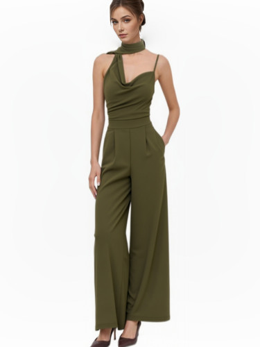 Women's Asymmetrical Neckline Sleeveless Straight-Leg Jumpsuit