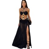 Women black three-piece cover-up bikini swimwear