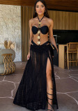 Women black three-piece cover-up bikini swimwear