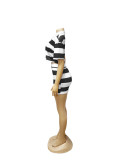 Summer women's striped contrast color short lapel top mini skirt set