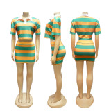 Summer women's striped contrast color short lapel top mini skirt set