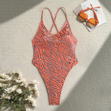 Metallic zebra pattern sexy backless one-piece thong swimsuit bikini