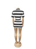 Summer women's striped contrast color short lapel top mini skirt set