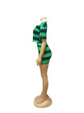Summer women's striped contrast color short lapel top mini skirt set