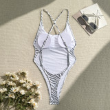 Metallic zebra pattern sexy backless one-piece thong swimsuit bikini