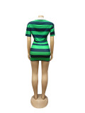 Summer women's striped contrast color short lapel top mini skirt set