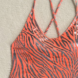 Metallic zebra pattern sexy backless one-piece thong swimsuit bikini