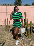 Summer women's striped contrast color short lapel top mini skirt set