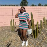 Summer women's striped contrast color short lapel top mini skirt set