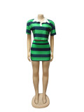 Summer women's striped contrast color short lapel top mini skirt set