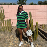Summer women's striped contrast color short lapel top mini skirt set