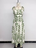 2026 Summer Beach Resort Style Sundress with Waist-cinching Green Leaf Print