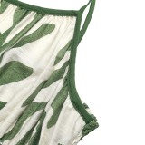2026 Summer Beach Resort Style Sundress with Waist-cinching Green Leaf Print