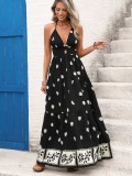 2026 Summer Sexy Vacation Retro Style Full Swing Halter Neck Dress Backless Spaghetti Strap Floral Print Dress