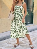 2026 Summer Beach Resort Style Sundress with Waist-cinching Green Leaf Print