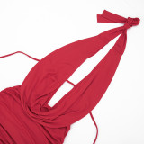 Women Solid Color Halter Neck Deep-V Sleeveless Party Dress