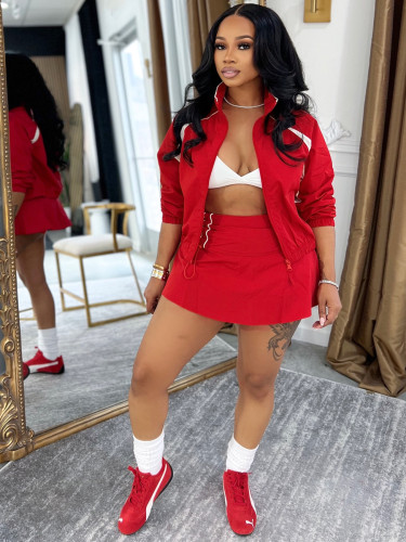 Women Long-Sleeved Sporty Two-Piece Skirt Set