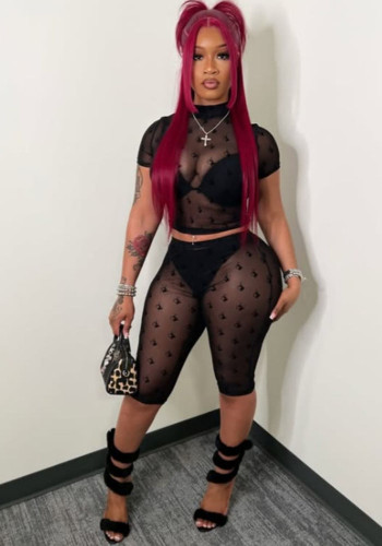 Women's Sexy Black Mesh Printed Two-Piece Set