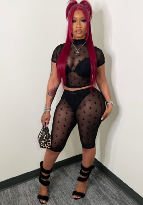Women's Sexy Black Mesh Printed Two-Piece Set