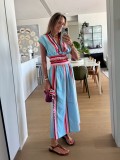 Women's summer striped print casual V-neck top midi skirt set