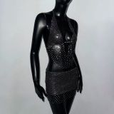 Sexy fishnet rhinestone music festival halter top skirt two-piece set