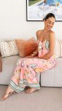 Women's Printed Casual Fashion V-Neck Spaghetti Strap Wide Leg Tie Jumpsuit