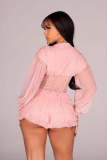 Women Long Sleeve Solid Color Mesh Patchwork Rompers Jumpsuit