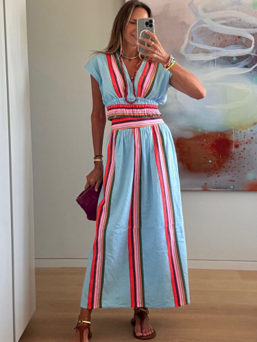 Women's summer striped print casual V-neck top midi skirt set