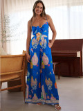 Women's Printed Casual Fashion V-Neck Spaghetti Strap Wide Leg Tie Jumpsuit