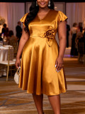 Plus Size Women Gold Floral Formal Evening Dress Mother of Bride Dress