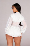 Women Long Sleeve Solid Color Mesh Patchwork Rompers Jumpsuit