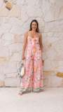 Women's Printed Casual Fashion V-Neck Spaghetti Strap Wide Leg Tie Jumpsuit