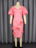 Elegant sweetheart neckline lantern sleeve dress with 3D floral bodycon party evening gown