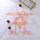 Color-blocked floral embroidered mesh shaping sexy lingerie four-piece set