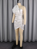 Sexy slash shoulder white dress satin three-dimensional floral party dress