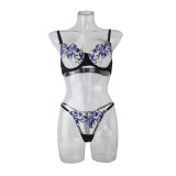 Two-piece set embroidered floral bra and thong underwire lingerie