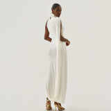 Women's solid color semi-high neck fitted waist sexy long prom dress