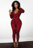 Women Red Leopard Print Long Sleeve Fitted Jumpsuit