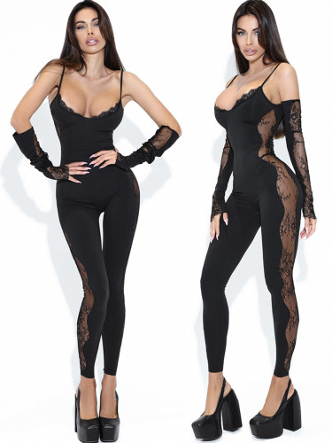 Women's spaghetti strap low-cut leggings sexy lace patchwork backless jumpsuit