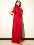 Women's solid color semi-high neck fitted waist sexy long prom dress