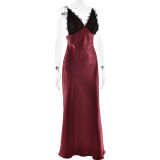 Women's evening gown sexy lace trim suspender dress slim fit elegant classy long dress